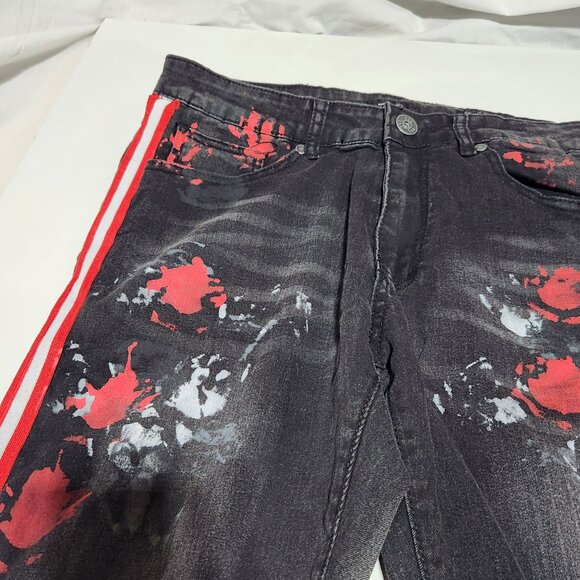 ZCL Skinny Fit Jeans – Black Denim with Red & Gray  Print – Size 32/323 - Picture 4 of 6